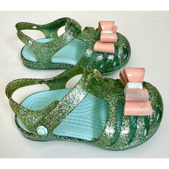 Crocs Girls Blue Green Glitter Size 5 Isabella Hook Loop Sling Back Bow Sandals - Picture 5 of 12